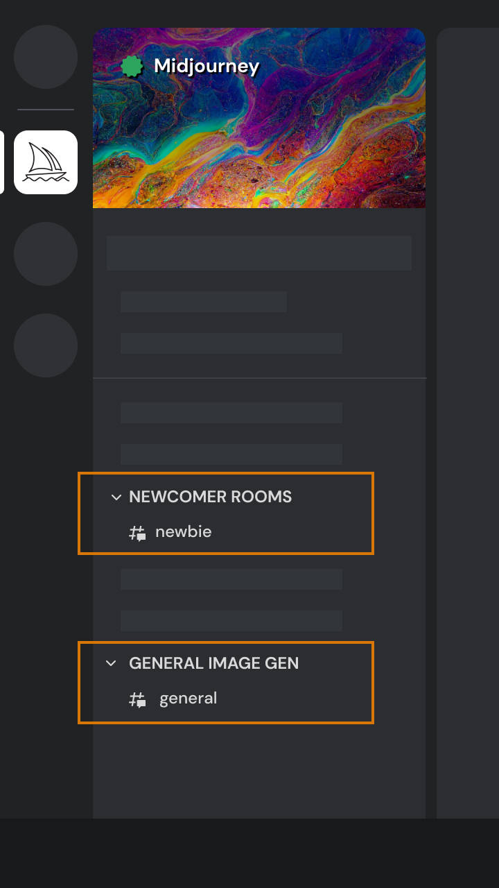 Midjourney 的 Discord 服务器侧边栏图像突出显示了新手频道。
